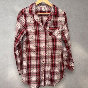 VICTORIAS SECRET Cozy Plaid Sleep Shirt Nightgown Button Up Red Black White XS
